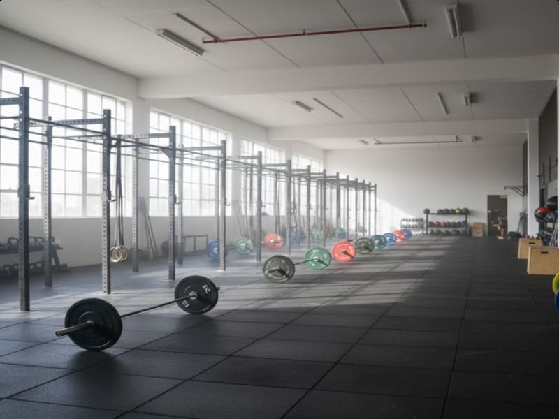 Worker cutting rubber gym mat with utility knife and straight edge